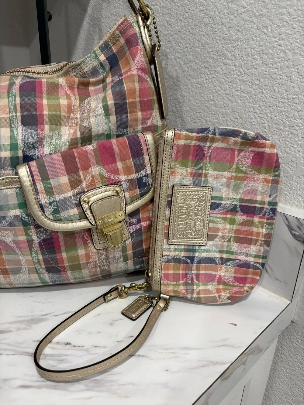 Coach madras double pocket purse and wristlet